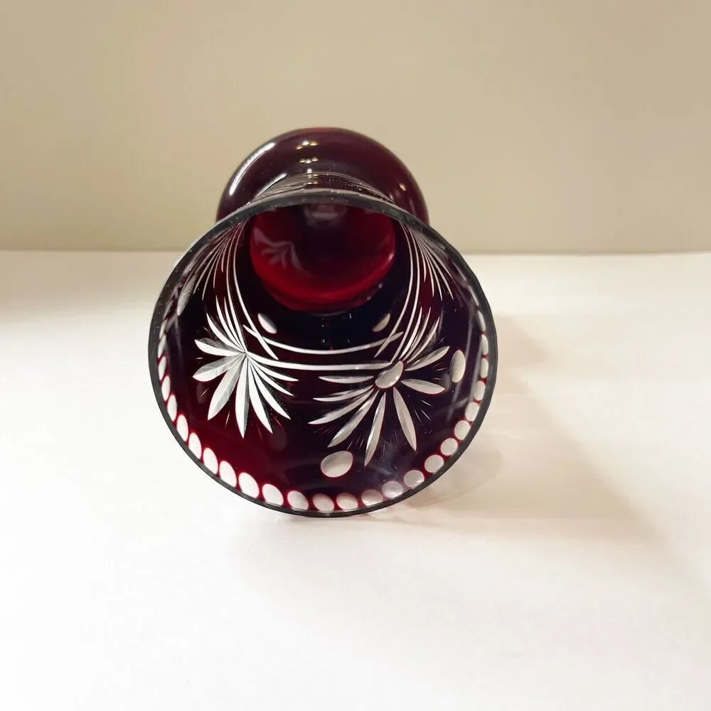 Vintage Bohemian Ruby Red Vase‎ Cut To Clear Crystal Etched Decorative Glassware